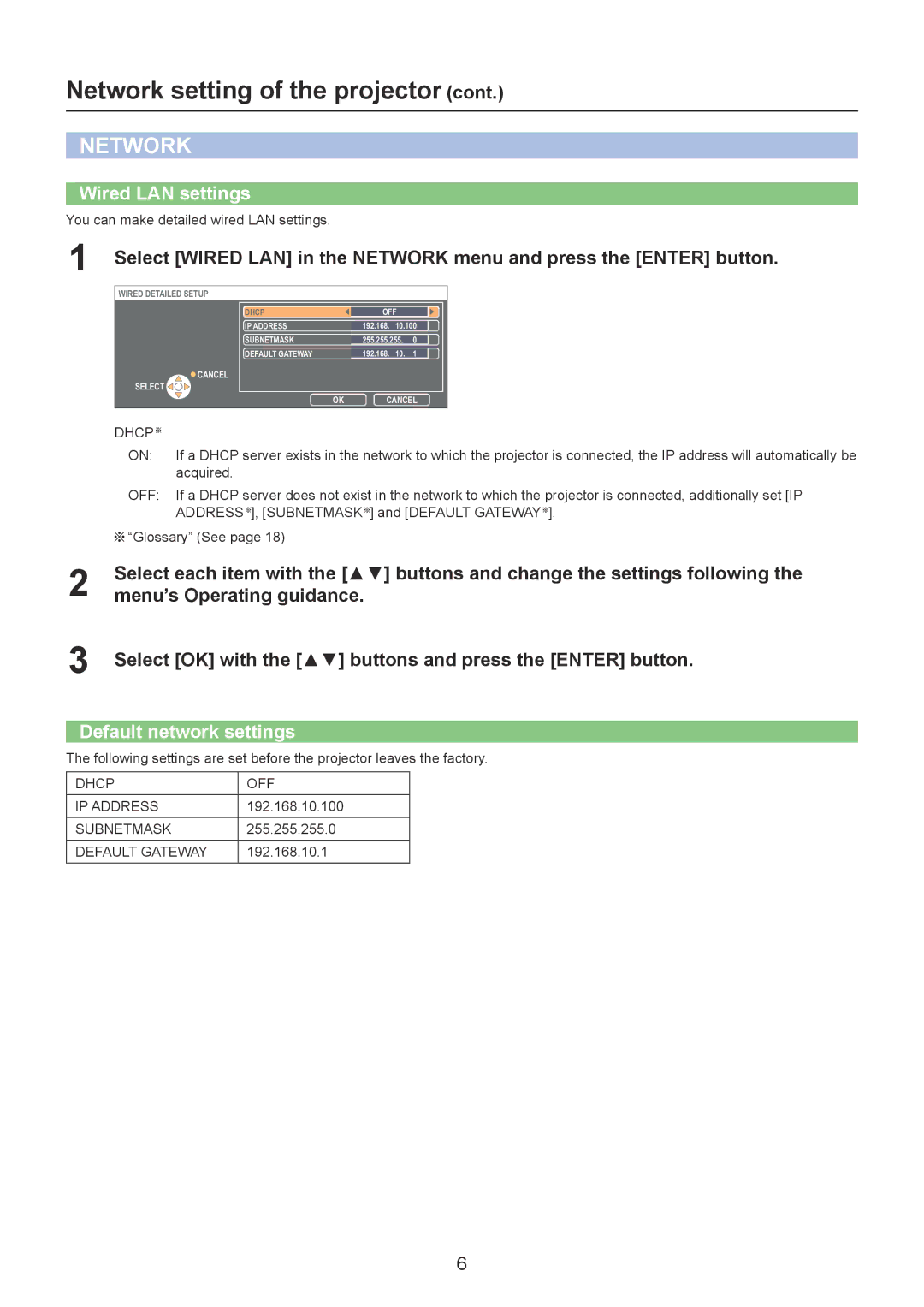 Panasonic LB1U, LB1EA Wired LAN settings, Menu’s Operating guidance, Select OK with the buttons and press the Enter button 