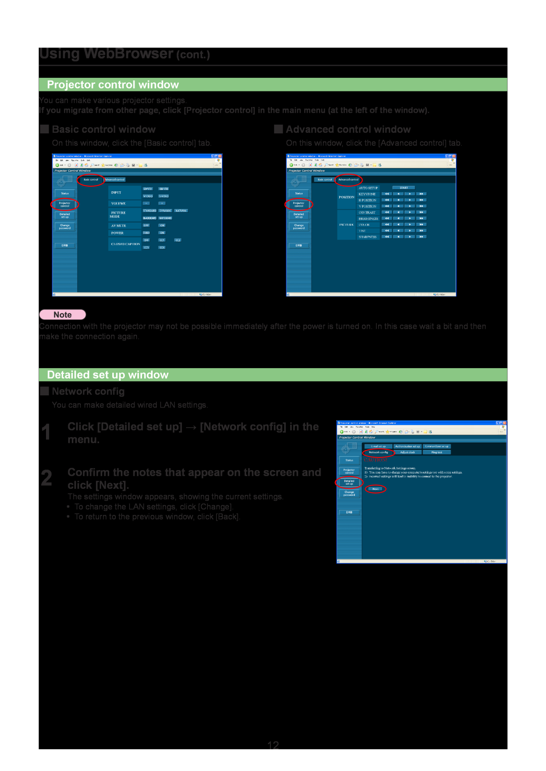 Panasonic LB1U Using WebBrowser cont, Projector control window, Detailed set up window, menu, click Next, „„Network config 