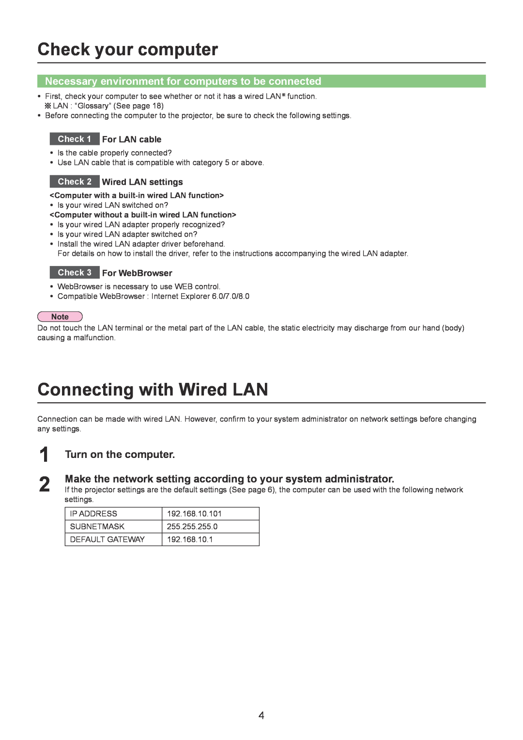 Panasonic LB1EA, LB1U Check your computer, Connecting with Wired LAN, Necessary environment for computers to be connected 
