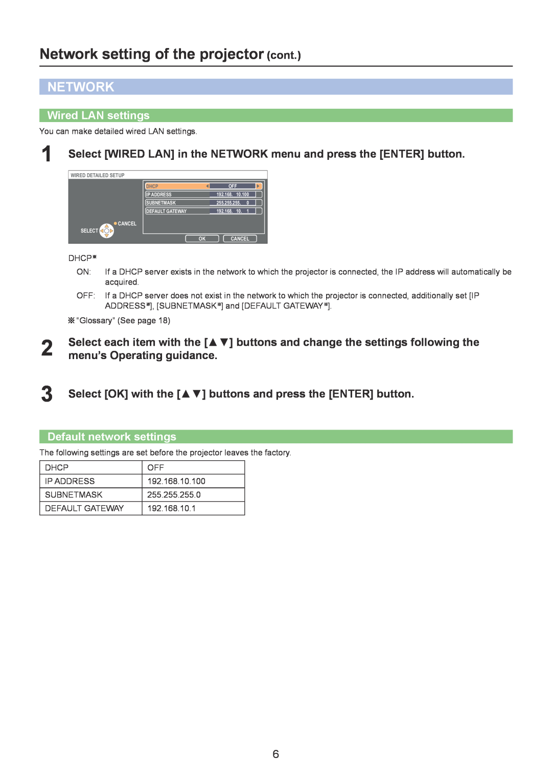 Panasonic LB1U, LB1EA, PT-LB1E manual Network setting of the projector cont, Wired LAN settings, menu’s Operating guidance 