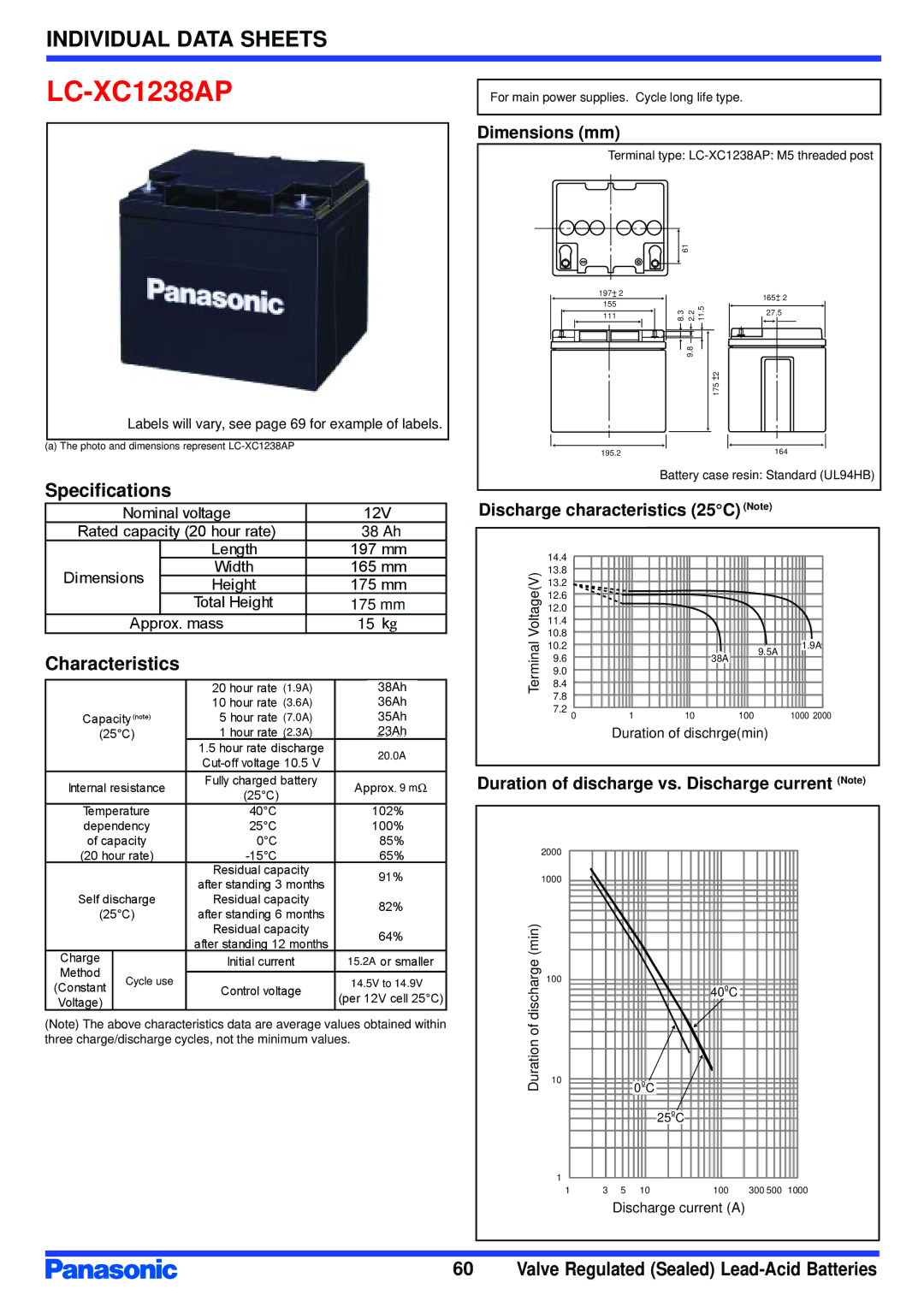 Panasonic LC-XC1238AP specifications Specifications, Characteristics, Valve Regulated Sealed Lead-Acid Batteries 