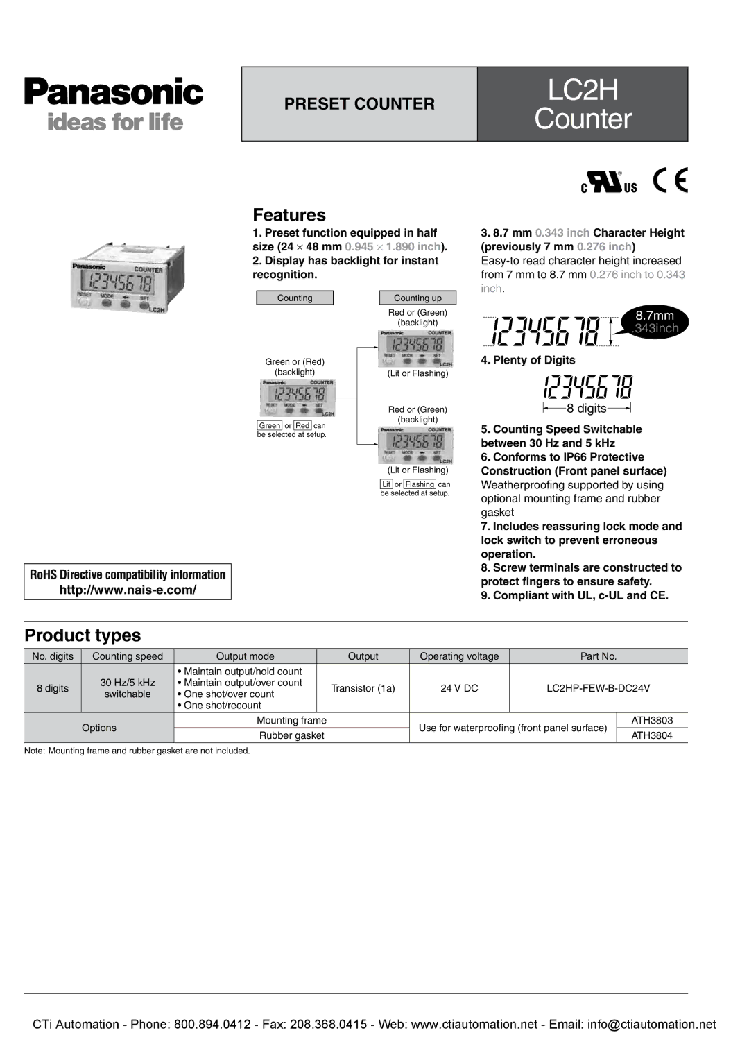 Panasonic LC2H RoHS Directive compatibility information, 106, One shot/over count One shot/recount Options Mounting frame 