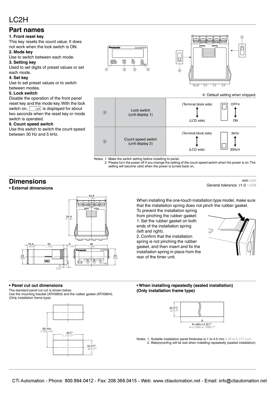 Panasonic LC2H Front reset key, Mode key, Setting key, Set key, Lock switch, Count speed switch, Panel cut out dimensions 