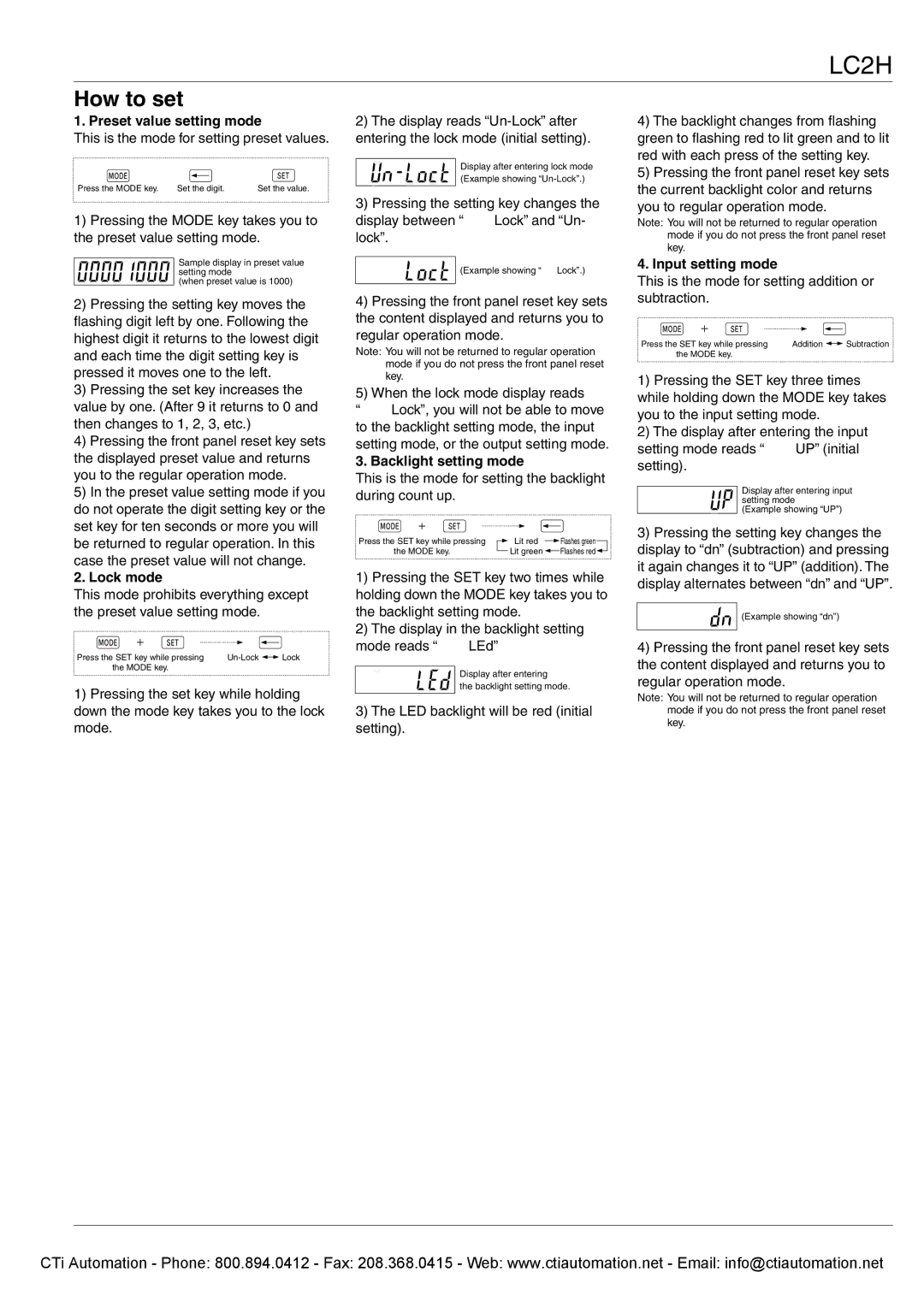 Panasonic LC2H specifications How to set, Preset value setting mode, Lock mode, Backlight setting mode, Input setting mode 