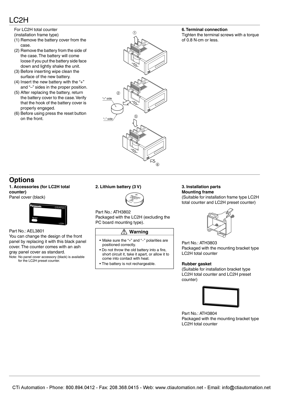 Panasonic Options, Accessories for LC2H total counter, Lithium battery 3, Installation parts Mounting frame 