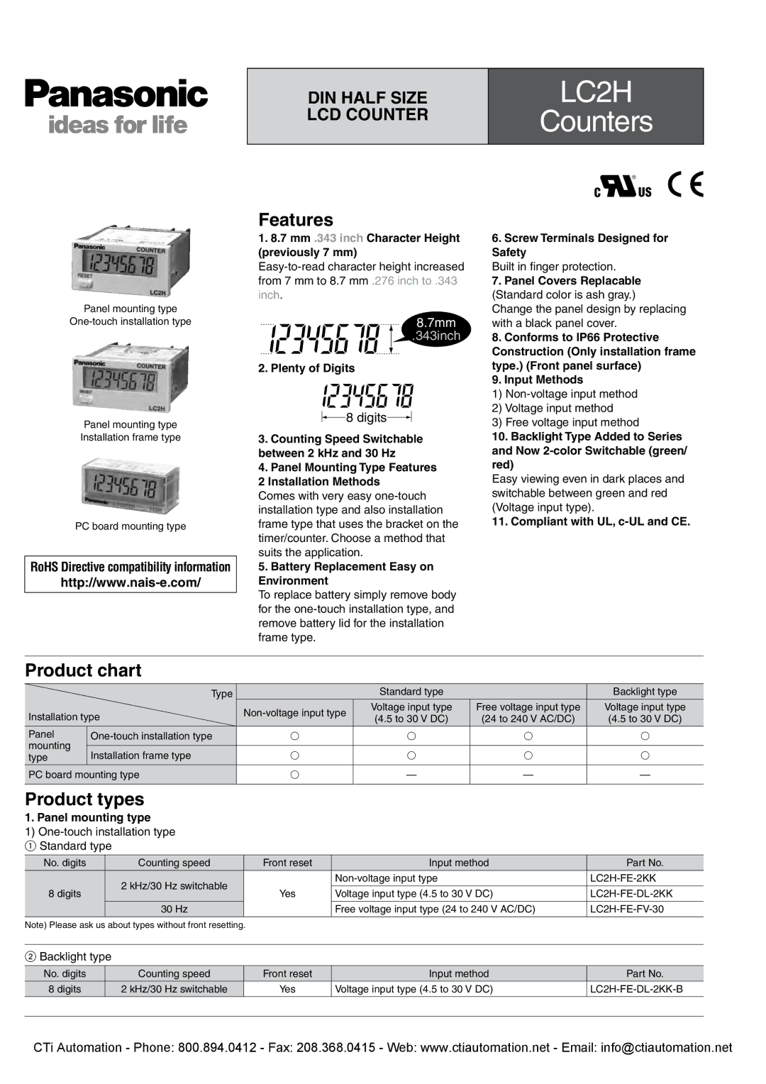 Panasonic LC2H specifications Features, Product chart, Product types 