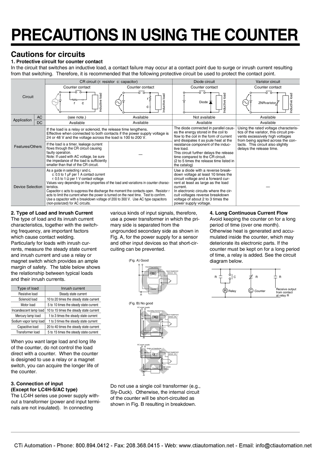 Panasonic LC2H specifications Protective circuit for counter contact, Connection of input Except for LC4H-S/AC type 