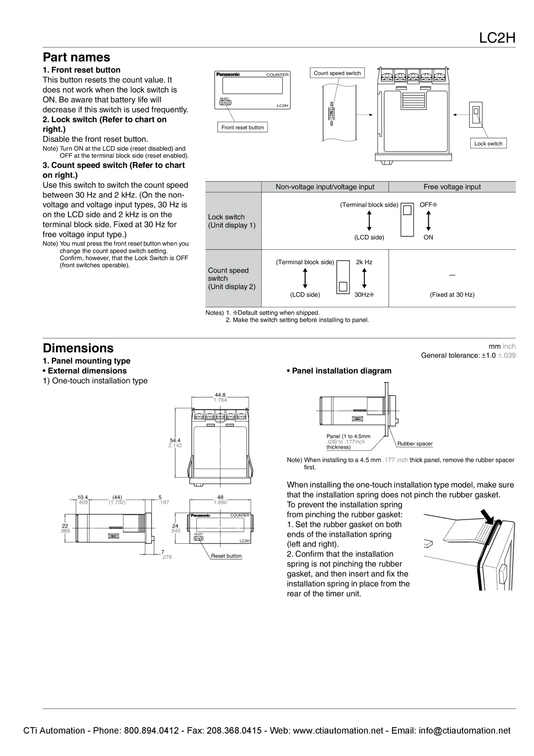 Panasonic LC2H specifications Part names, Dimensions 