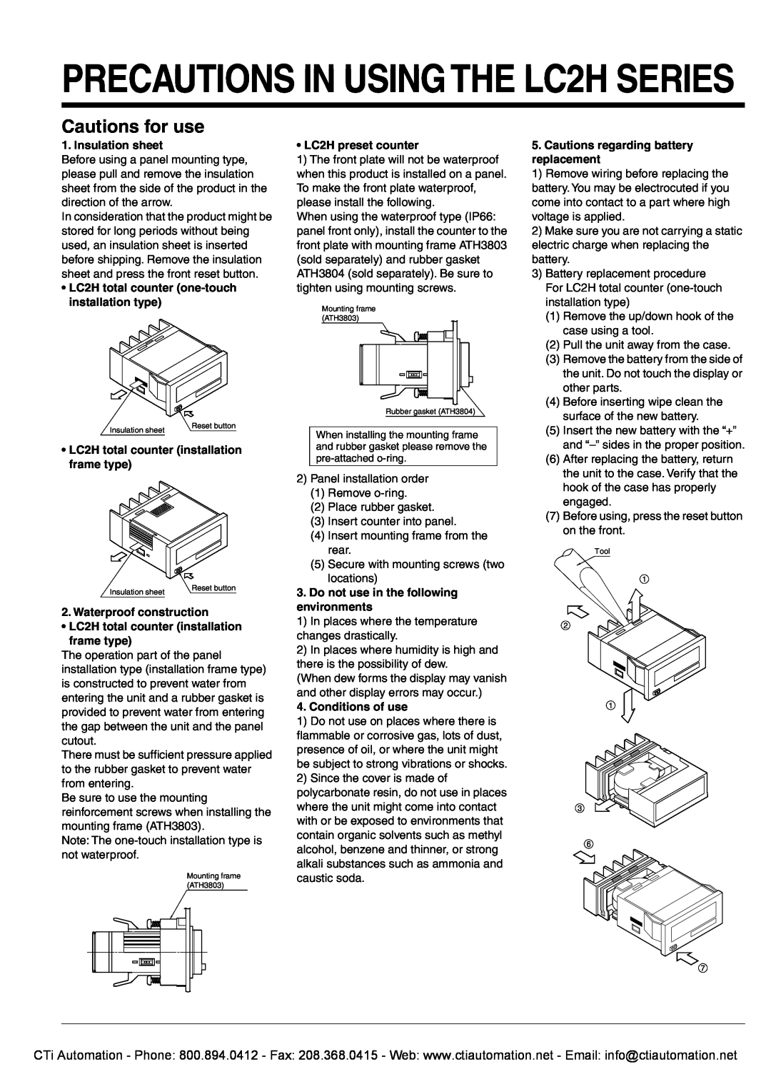 Panasonic specifications PRECAUTIONS IN USING THE LC2H SERIES, Cautions for use, Insulation sheet, LC2H preset counter 