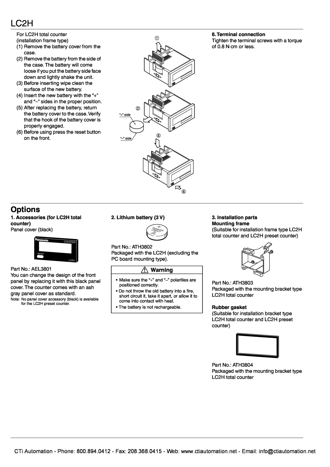 Panasonic Options, Terminal connection, Accessories for LC2H total counter, Lithium battery 3, Rubber gasket 