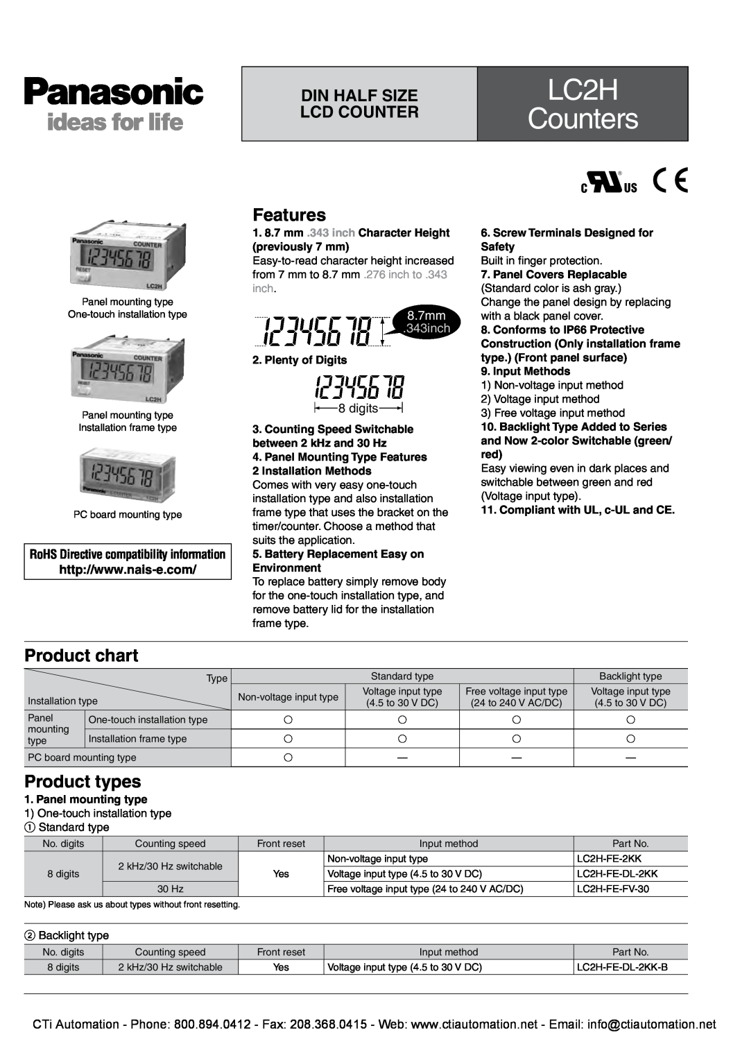 Panasonic LC2H Counters, Features, Product chart, Product types, Din Half Size, Lcd Counter, 8.7mm .343inch, Input Methods 