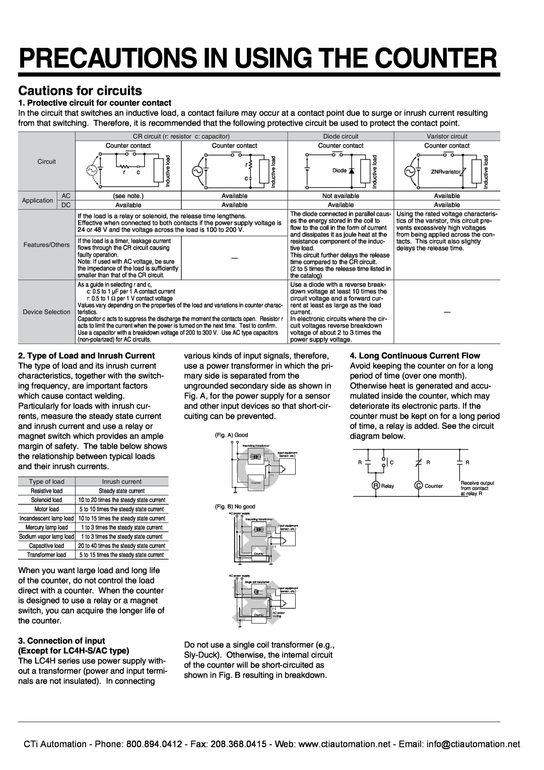 Panasonic LC2H Cautions for circuits, Precautions In Using The Counter, Protective circuit for counter contact 