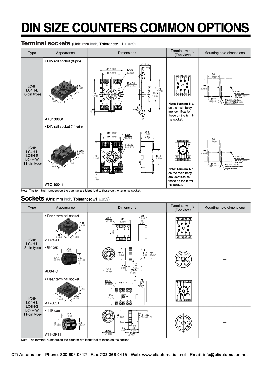 Panasonic LC2H Din Size Counters Common Options, Terminal sockets Unit mm inch, Tolerance ±1 ±.039, Rear terminal socket 