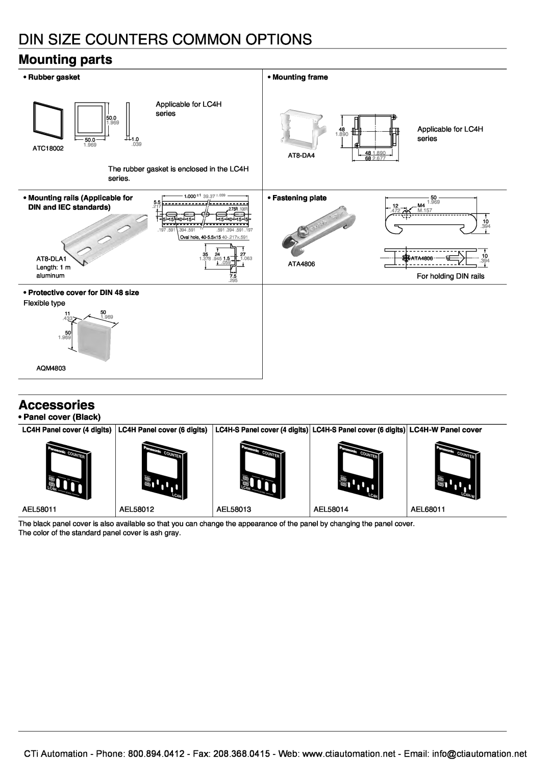 Panasonic LC2H Din Size Counters Common Options, Mounting parts, Accessories, Panel cover Black, Mounting frame 
