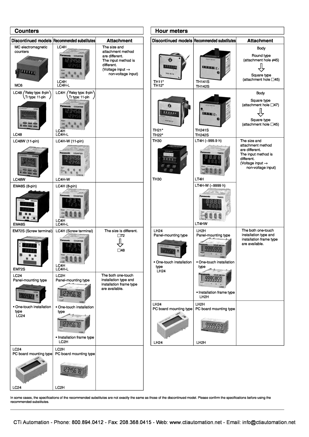 Panasonic LC2H specifications Counters, Hour meters, Attachment, Discontinued models Recommended substitutes 