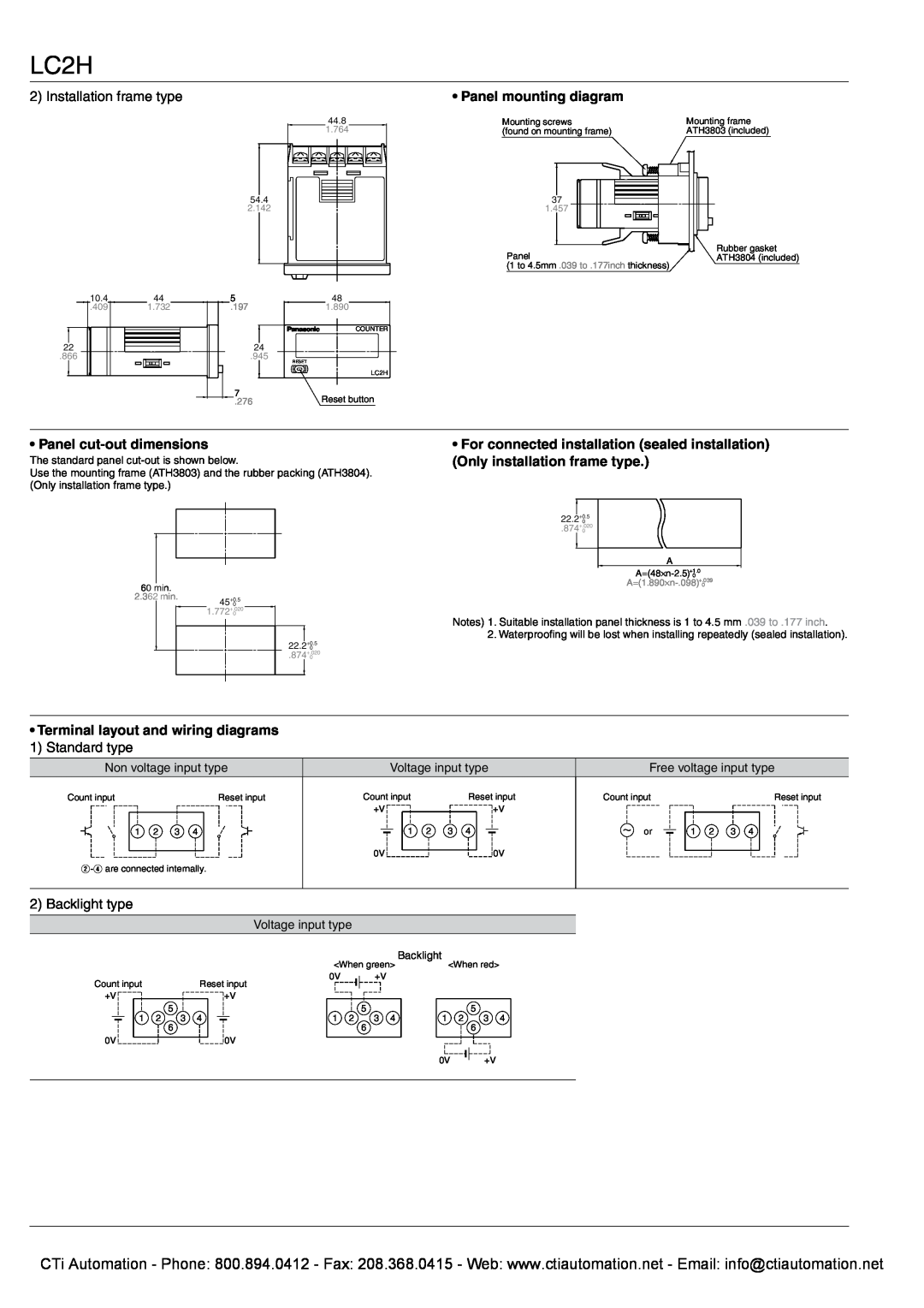 Panasonic LC2H Panel mounting diagram, Panel cut-out dimensions, Terminal layout and wiring diagrams 1 Standard type 