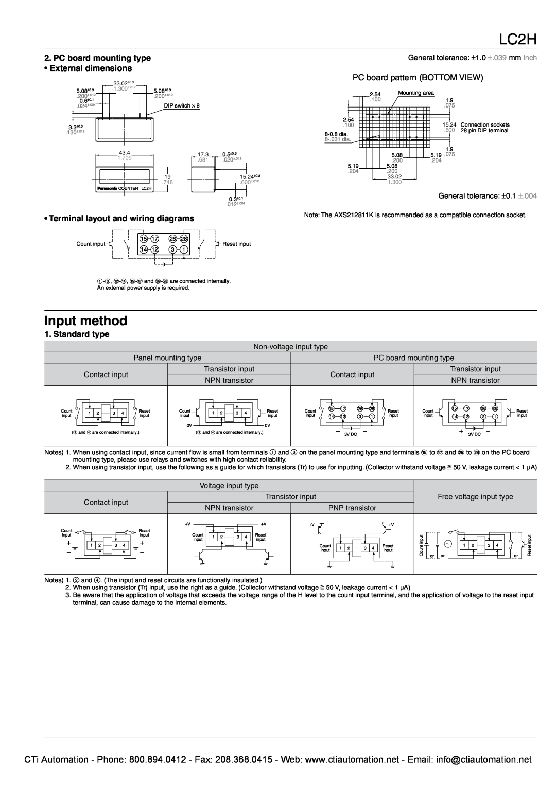 Panasonic LC2H specifications Input method, PC board mounting type External dimensions, Terminal layout and wiring diagrams 