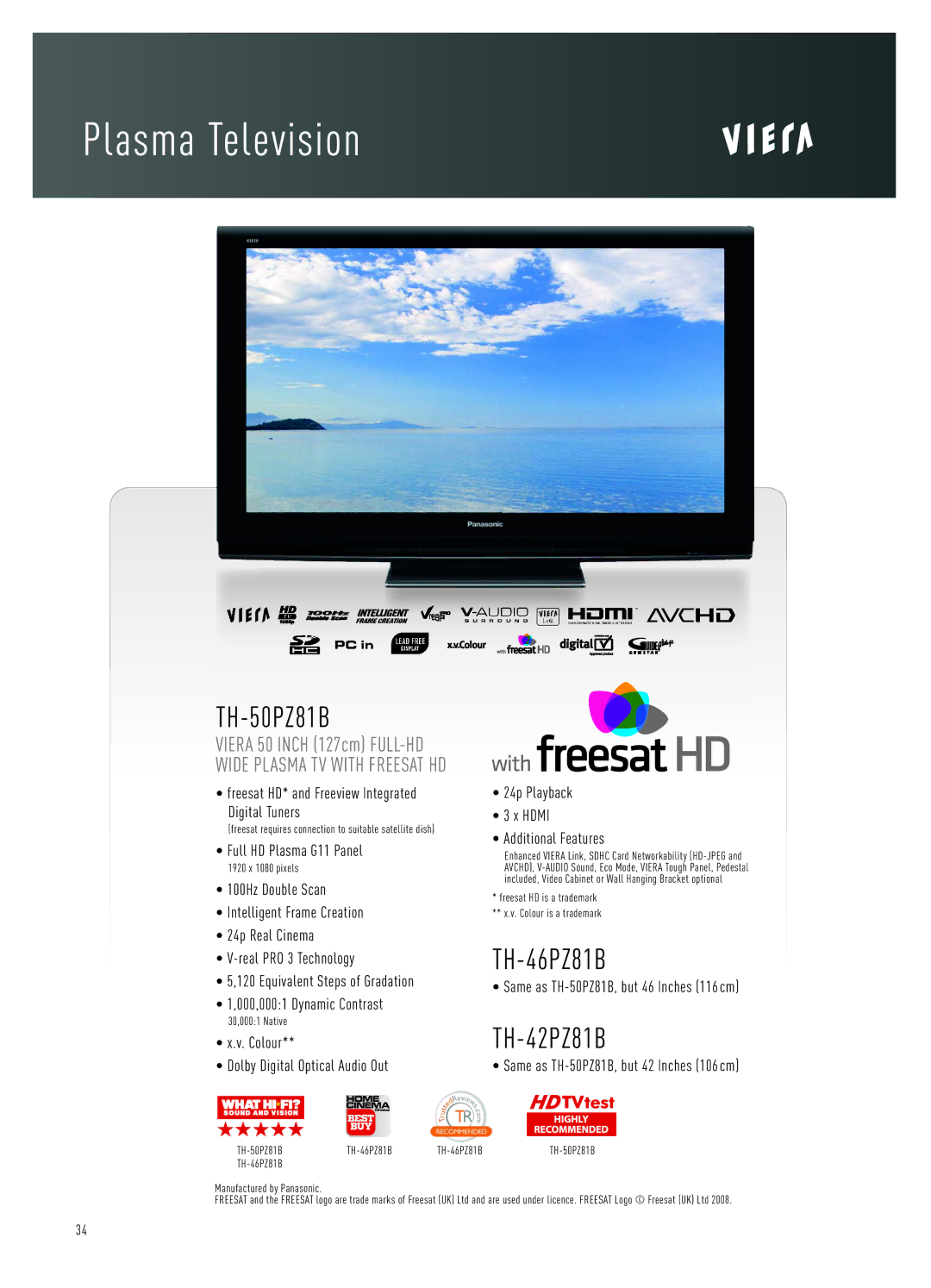 Panasonic LCD Flat Panel TV specifications Plasma Television, TH-50PZ81B, TH-46PZ81B, TH-42PZ81B 