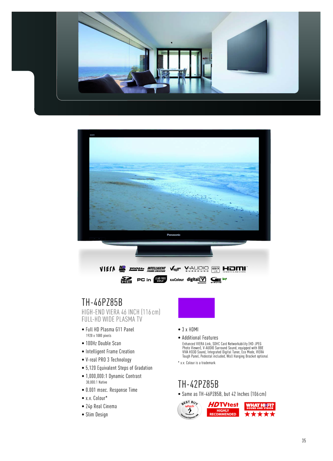 Panasonic LCD Flat Panel TV specifications TH-42PZ85B, Same as TH-46PZ85B, but 42 Inches 106 cm 