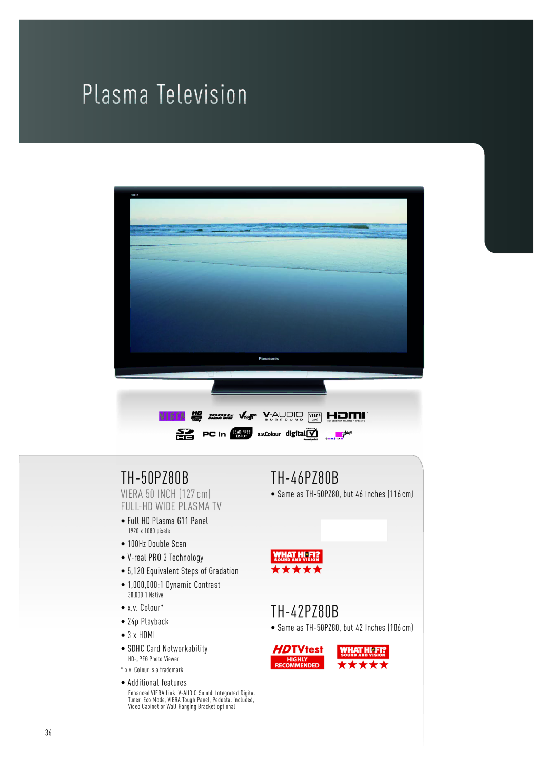 Panasonic LCD Flat Panel TV specifications TH-50PZ80B, TH-46PZ80B, TH-42PZ80B 