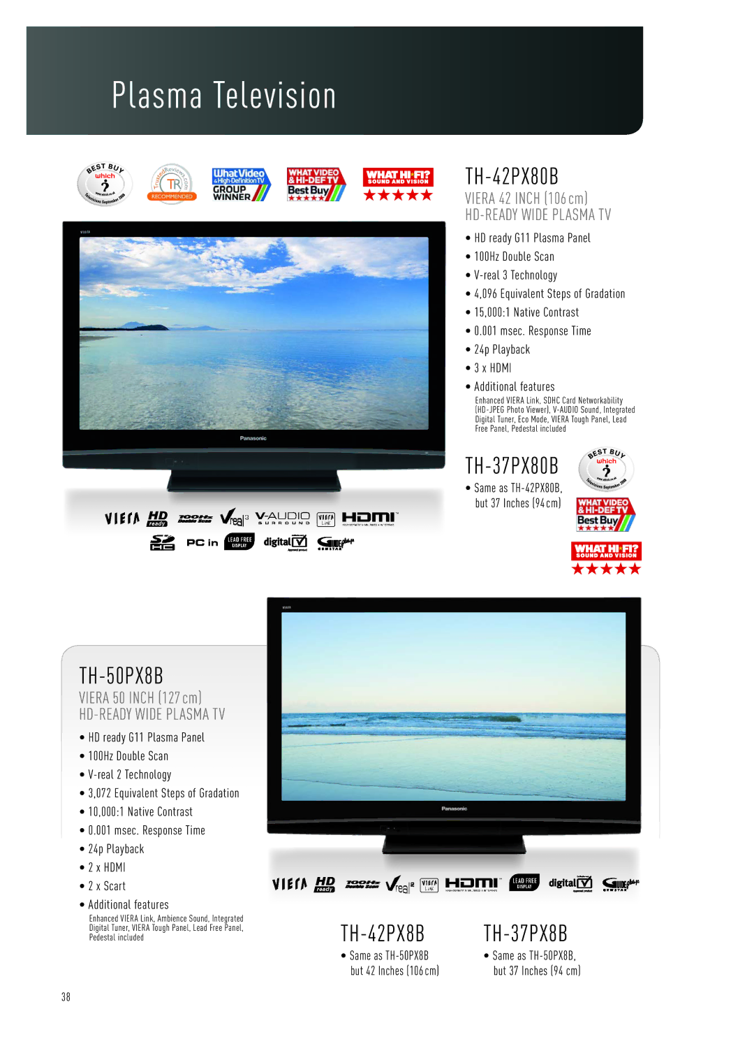 Panasonic LCD Flat Panel TV specifications TH-50PX8B, TH-42PX80B, TH-37PX80B, TH-42PX8B, HD-READY Wide Plasma TV 