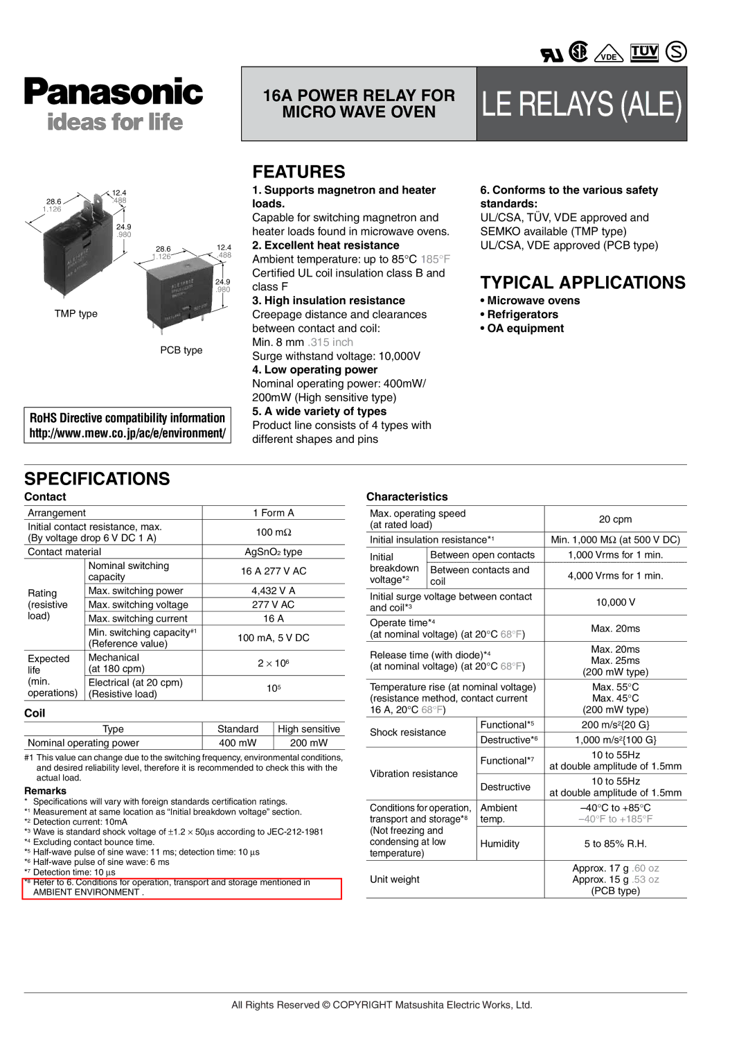 Panasonic LE Relays specifications Features, Specifications 