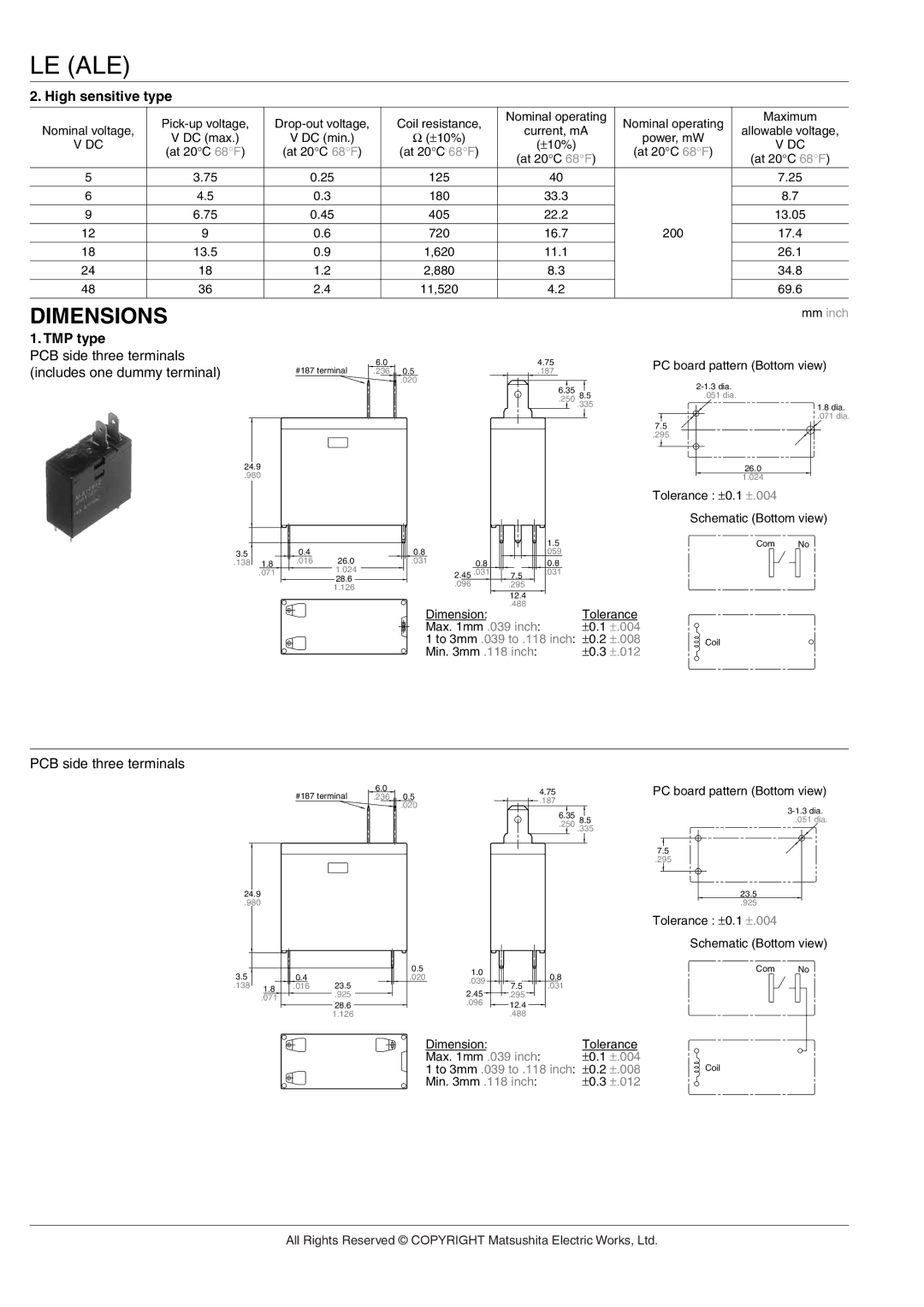 Panasonic LE Relays specifications Dimensions, TMP type 