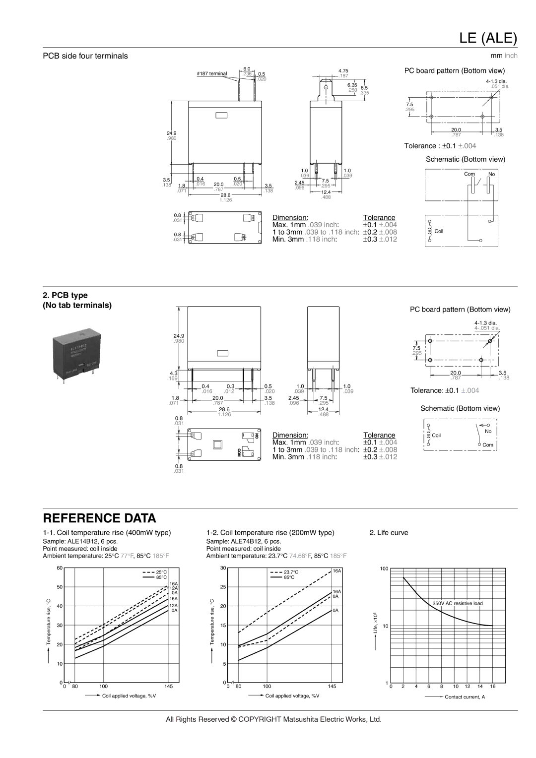 Panasonic LE Relays specifications Reference Data, PCB type No tab terminals 