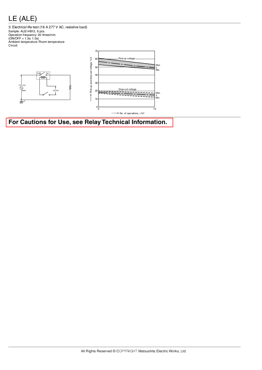 Panasonic LE Relays specifications Electrical life test 16 a 277 V AC, resistive load 