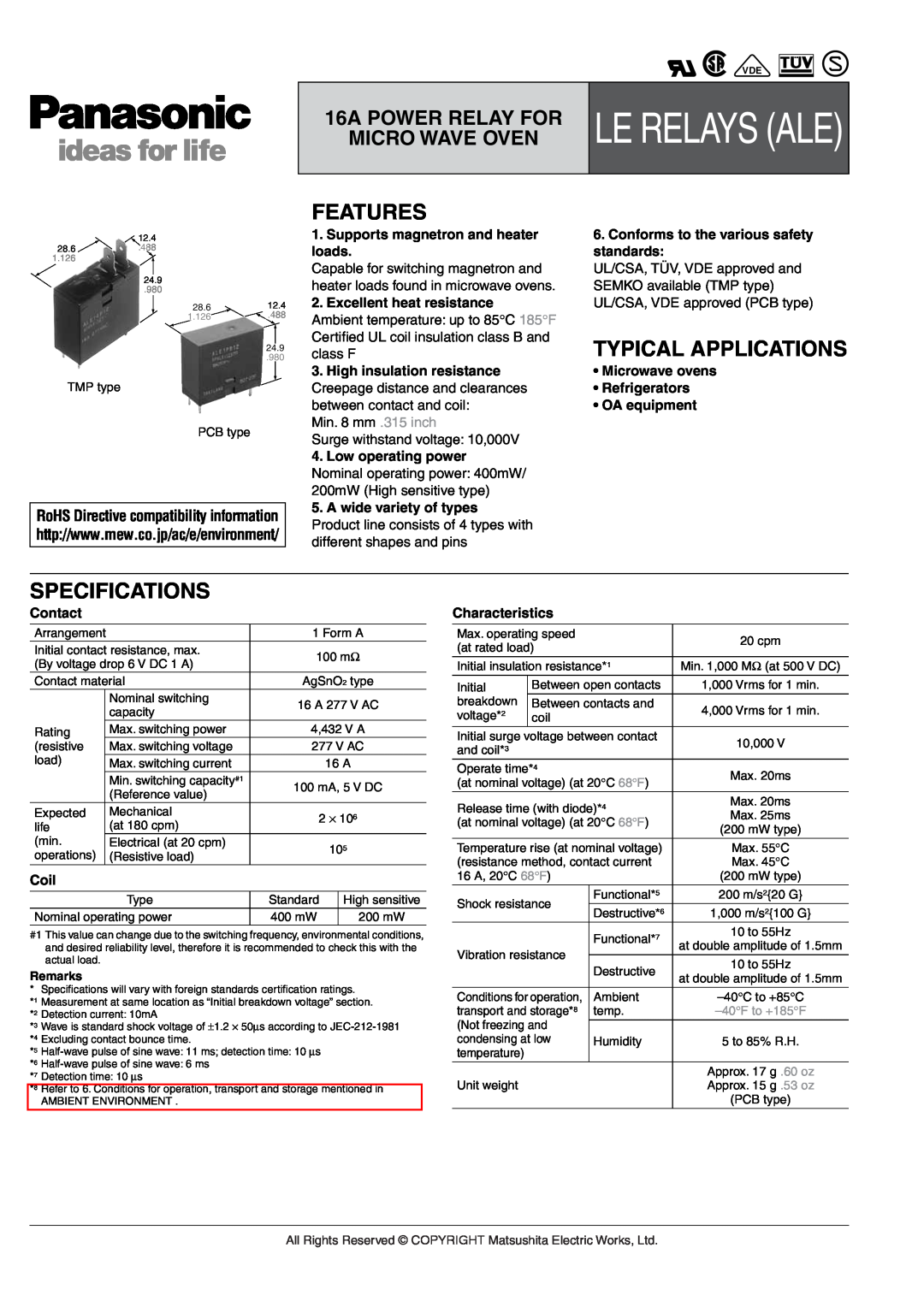 Panasonic LE Relays specifications Le Ale, Features, Specifications, Le Relays Ale, Typical Applications, Micro Wave Oven 
