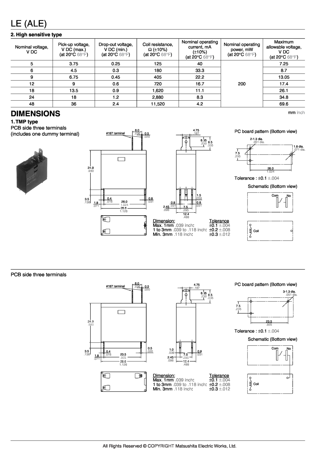 Panasonic LE Relays specifications Dimensions, Le Ale, mm inch, ±.004, 1 to 3mm .039 to .118 inch, ±.008, ±.012 