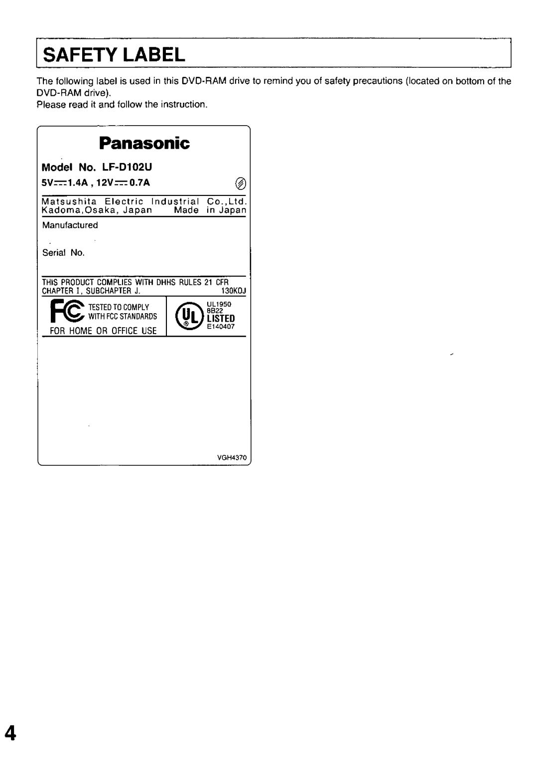Panasonic LF-D102U manual 