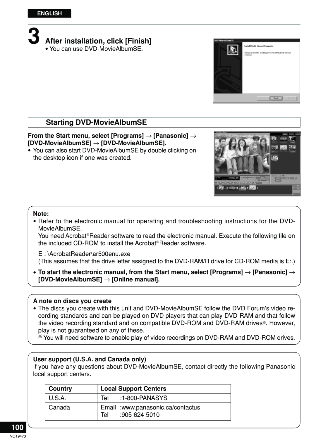 Panasonic LF-D321 After installation, click Finish, Starting DVD-MovieAlbumSE, 100, User support U.S.A. and Canada only 