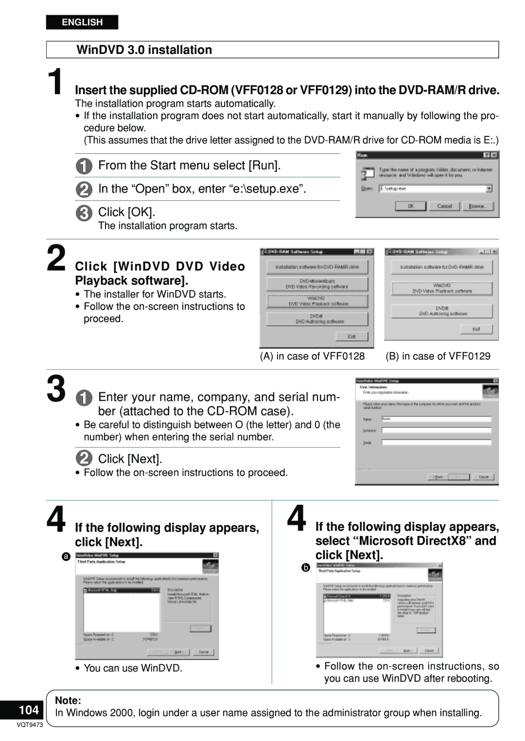 Panasonic LF-D321 manual Click WinDVD DVD Video Playback software, If the following display appears, click Next, 104 