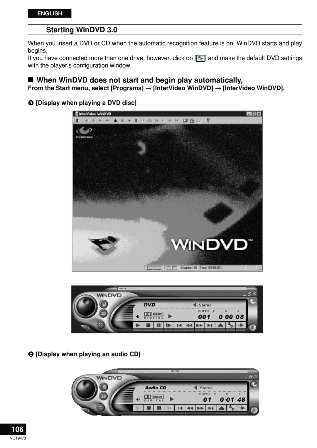 Panasonic LF-D321 manual Starting WinDVD, When WinDVD does not start and begin play automatically, 106 