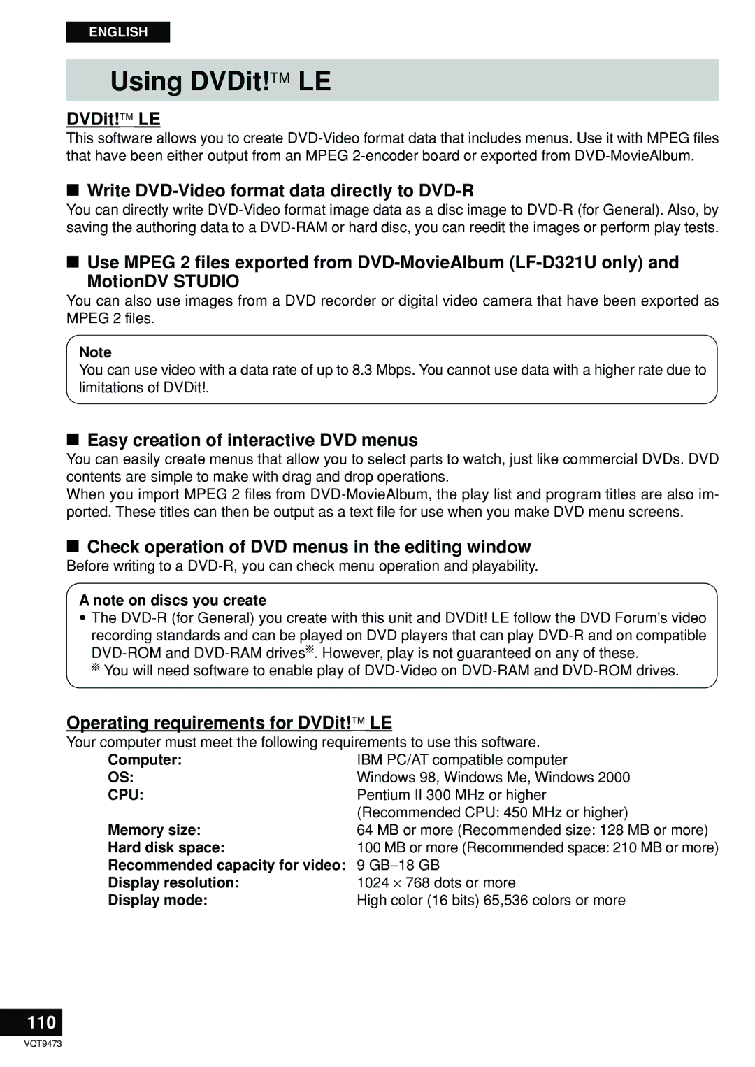 Panasonic LF-D321 manual Using DVDit! LE, 110 