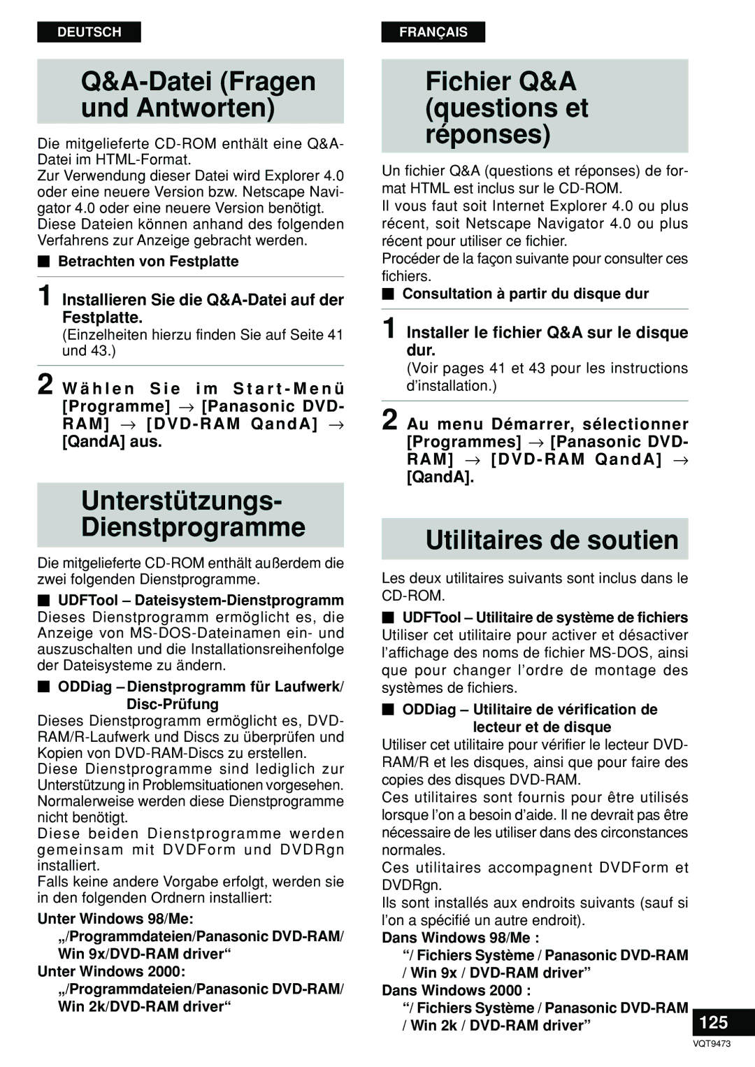 Panasonic LF-D321 manual Datei Fragen Und Antworten, Unterstützungs Dienstprogramme, Fichier Q&A questions et réponses, 125 