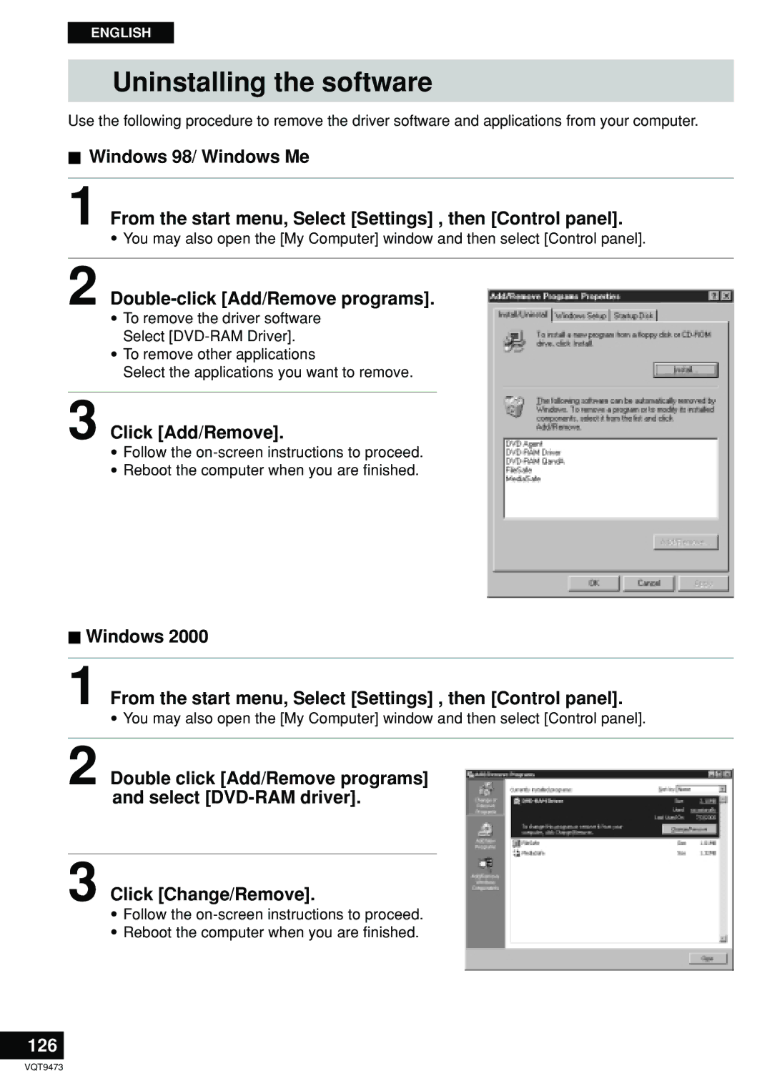 Panasonic LF-D321 manual Uninstalling the software, Double-click Add/Remove programs, Click Add/Remove, 126 