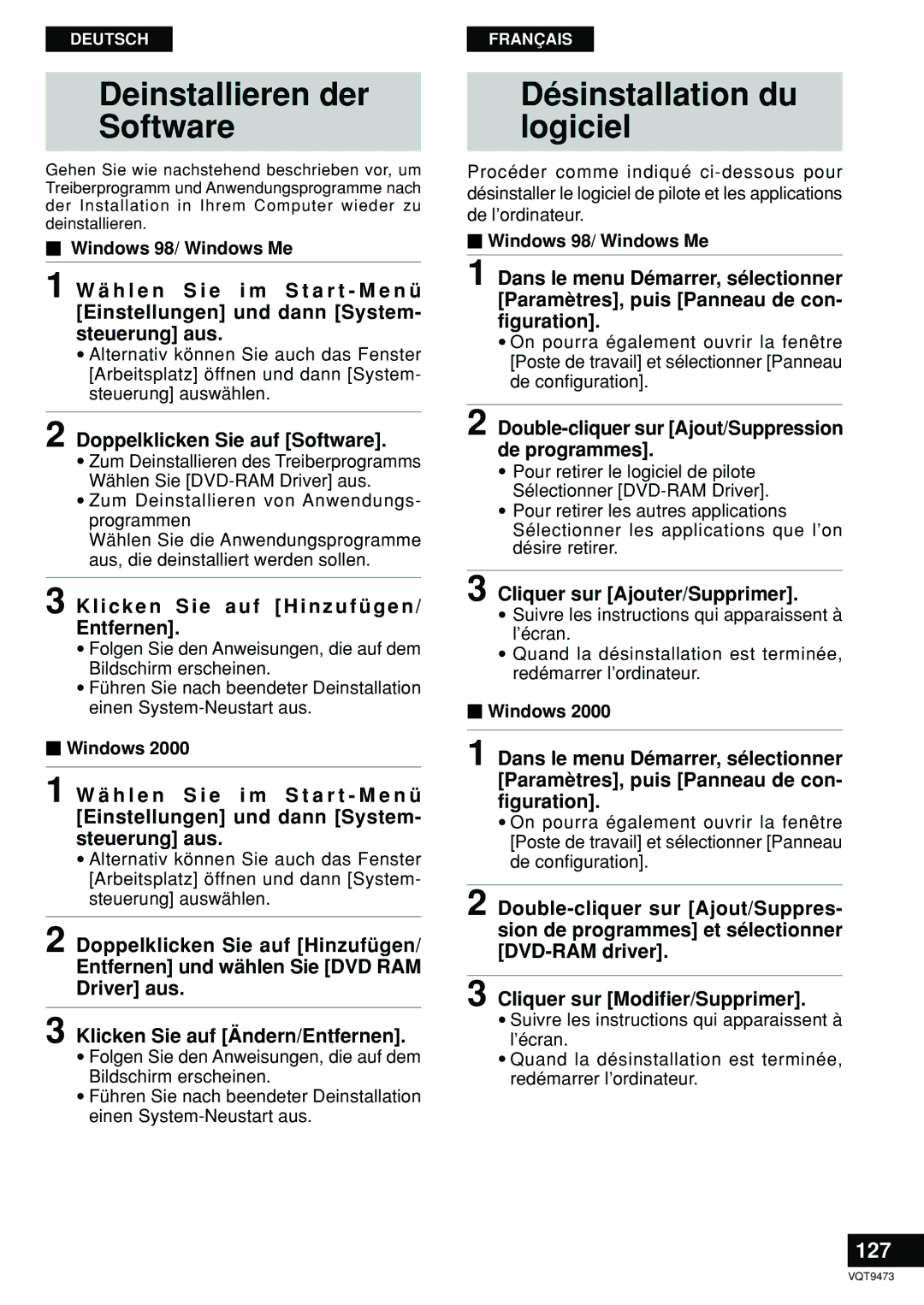 Panasonic LF-D321 manual Deinstallieren der Software, Désinstallation du Logiciel, 127 