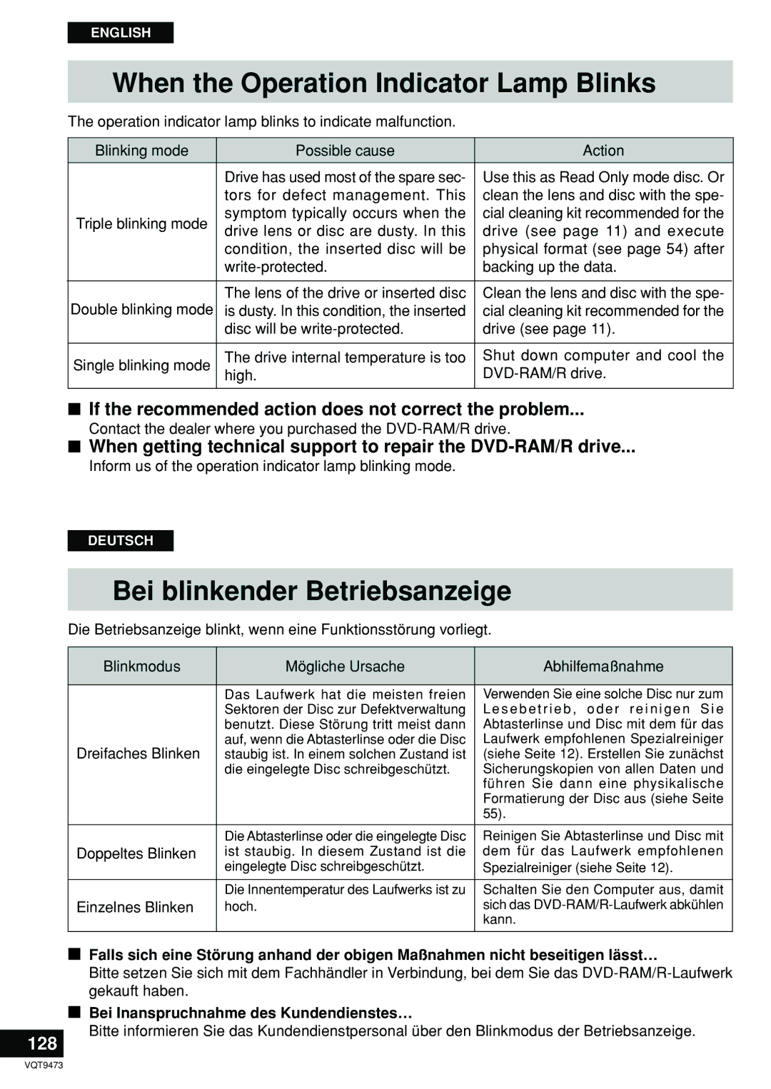 Panasonic LF-D321 manual When the Operation Indicator Lamp Blinks, Bei blinkender Betriebsanzeige, 128 