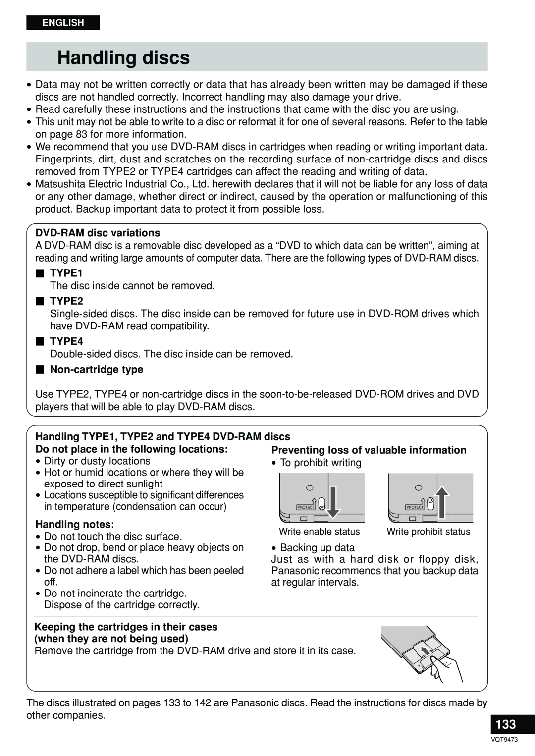 Panasonic LF-D321 manual Handling discs, 133, DVD-RAM disc variations, Non-cartridge type, Handling notes 