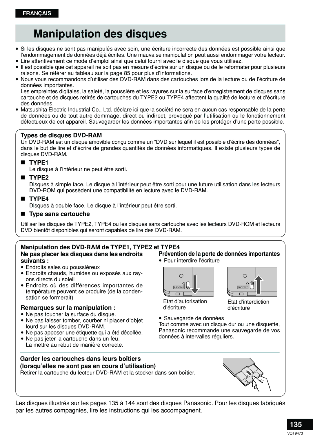 Panasonic LF-D321 manual Manipulation des disques, 135 