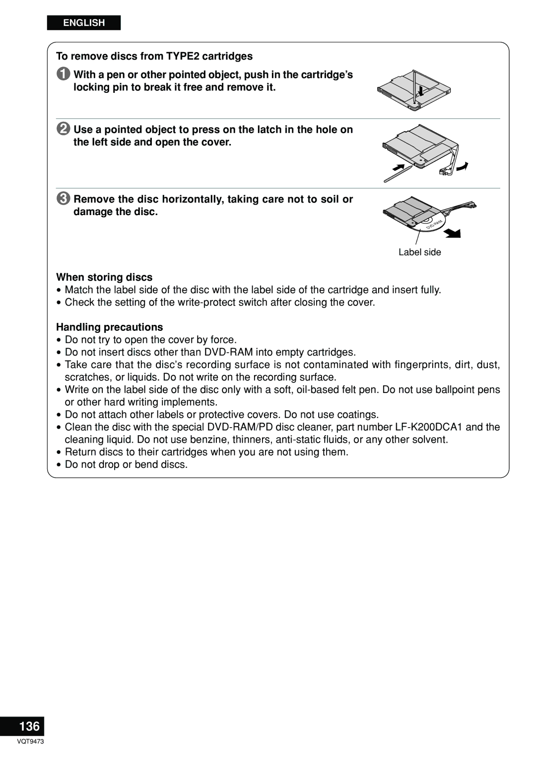 Panasonic LF-D321 manual 136, When storing discs, Handling precautions 