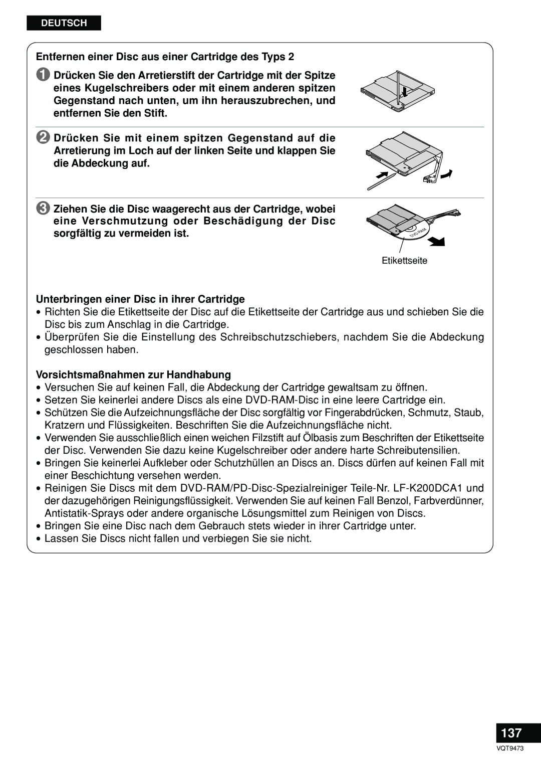 Panasonic LF-D321 manual 137, Unterbringen einer Disc in ihrer Cartridge, Vorsichtsmaßnahmen zur Handhabung 