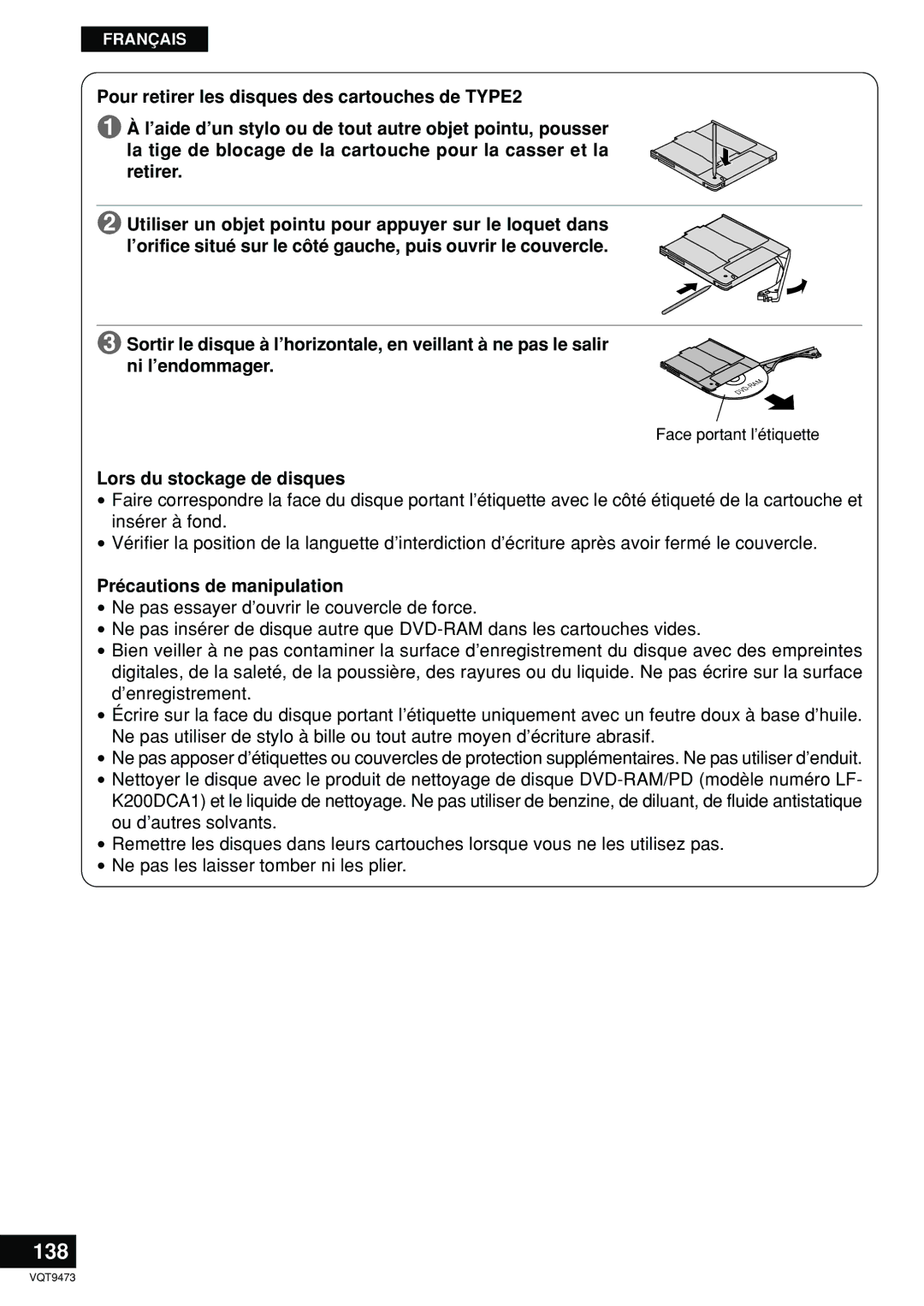 Panasonic LF-D321 manual 138, Lors du stockage de disques, Précautions de manipulation 