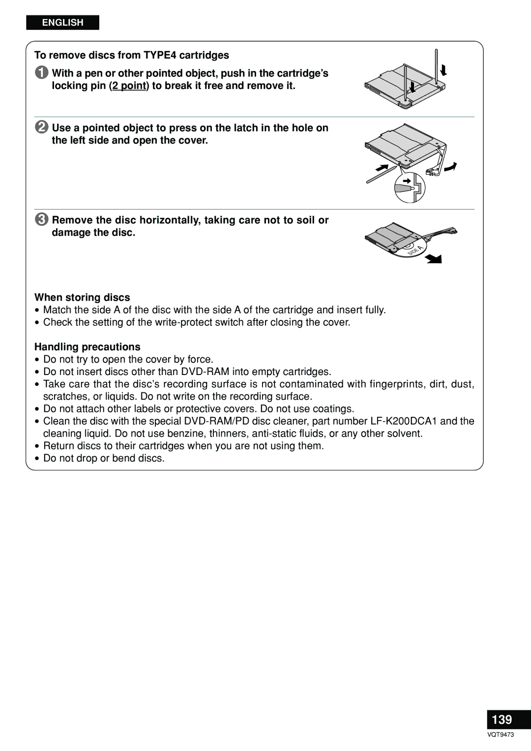 Panasonic LF-D321 manual 139, To remove discs from TYPE4 cartridges 