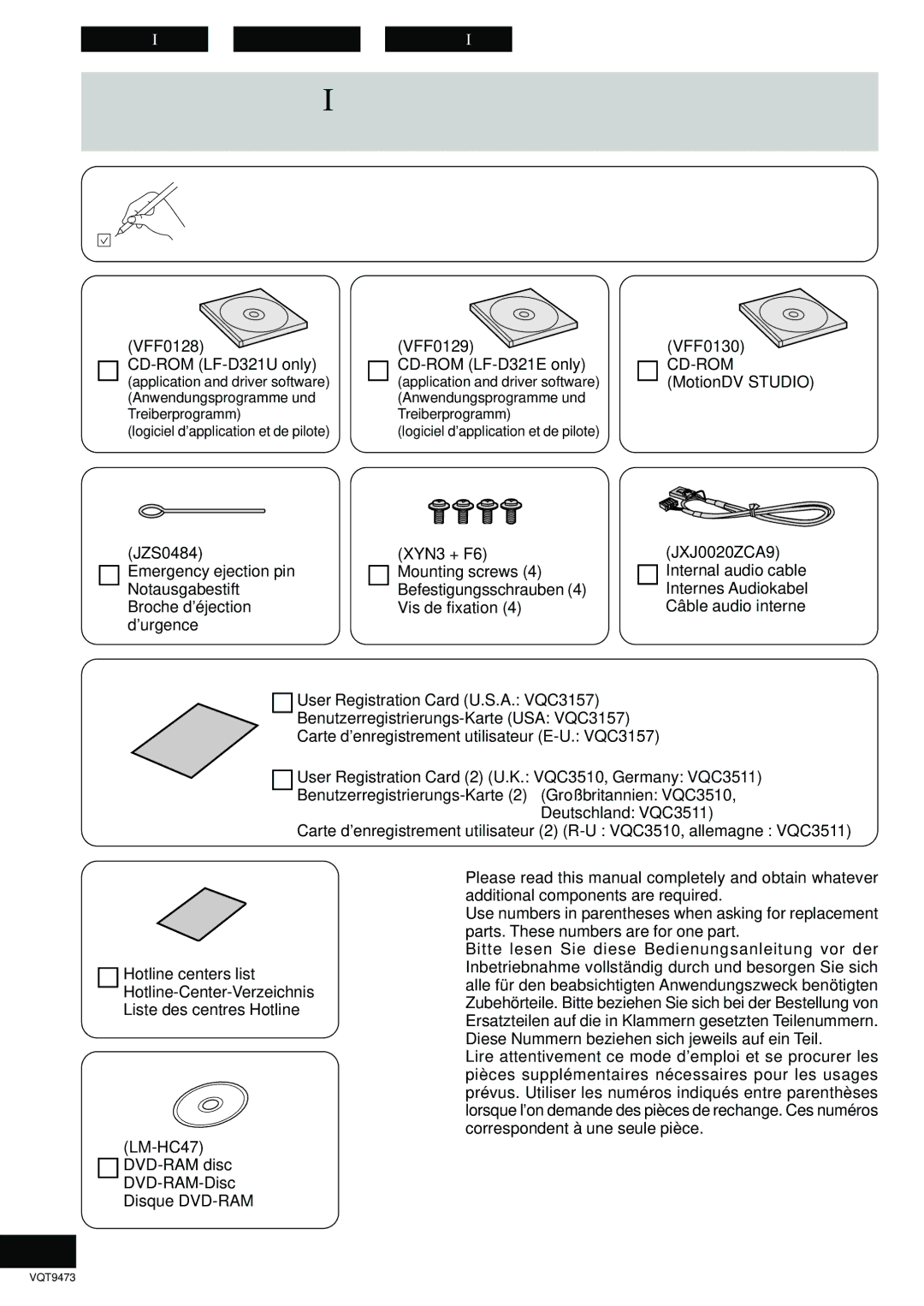 Panasonic LF-D321 manual Kit Contents / Inhalt des Verpackungskartons Contenu du kit 