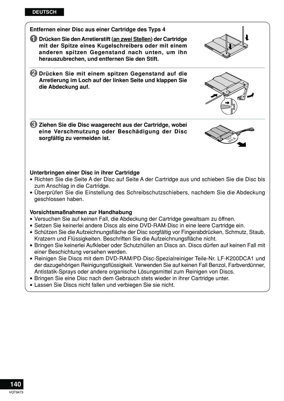 Panasonic LF-D321 manual 140, Unterbringen einer Disc in ihrer Cartridge 