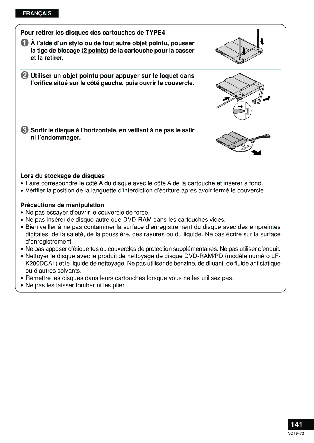 Panasonic LF-D321 manual 141, Lors du stockage de disques 