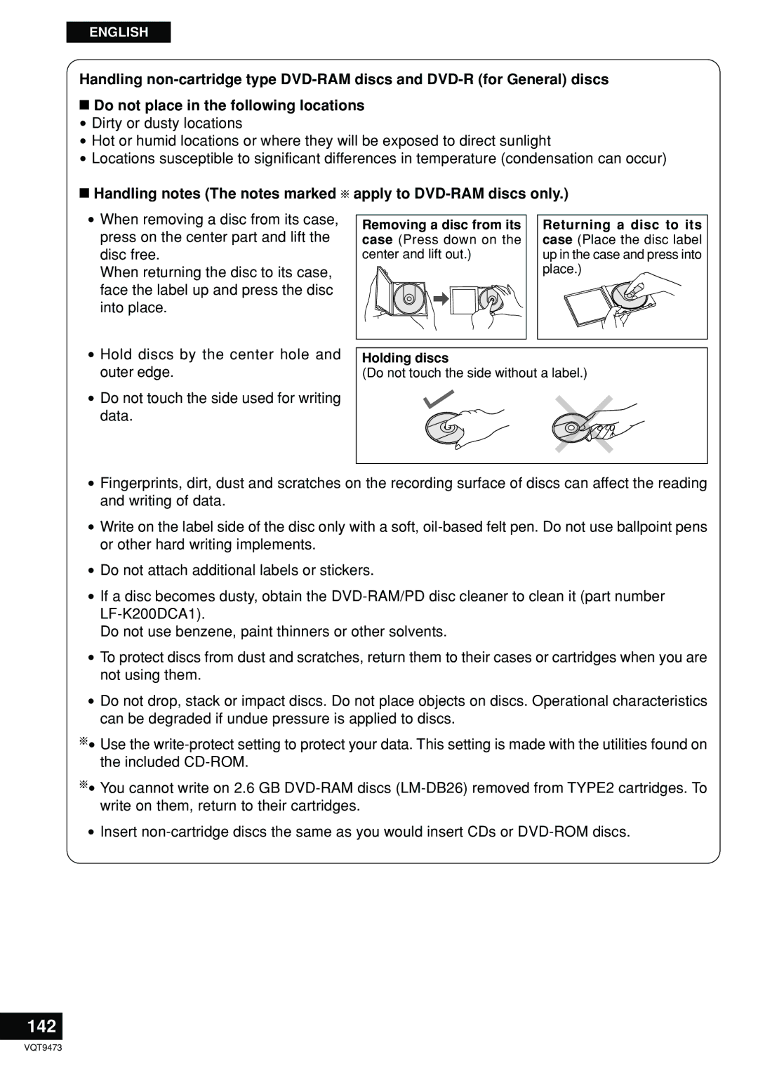 Panasonic LF-D321 manual 142, Handling notes The notes marked apply to DVD-RAM discs only, Holding discs 